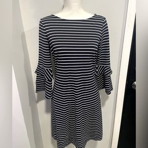 Ann Taylor Blue and White Striped  3/4 Ruffle Sleeve Knee Length Dress